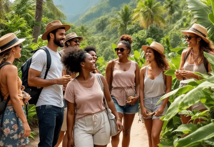 Groupe de randonneurs explorant un sentier sauvage au cœur de la jungle tropicale, entourés de végétation luxuriante. Une aventure immersive signée Aktiv Trek, spécialiste des randonnées nature et des circuits hors des sentiers battus.