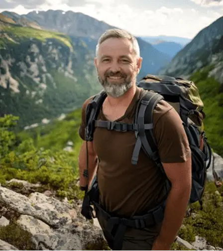 monsieur avec son sac do avec un paysage de montagne derriere lui