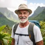 un trekkeur dans la nature avec un chapeau qui sourie